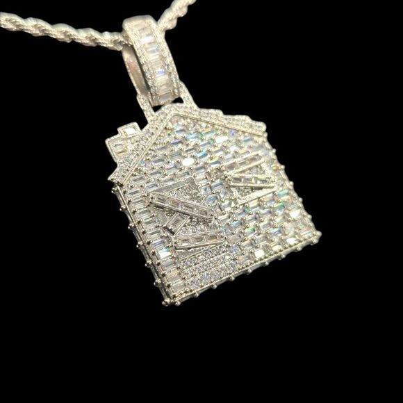 14K White Gold Finish Baguette CZ Trap House - Free 24" x 3mm Rope Chain. - Picture 7 of 9